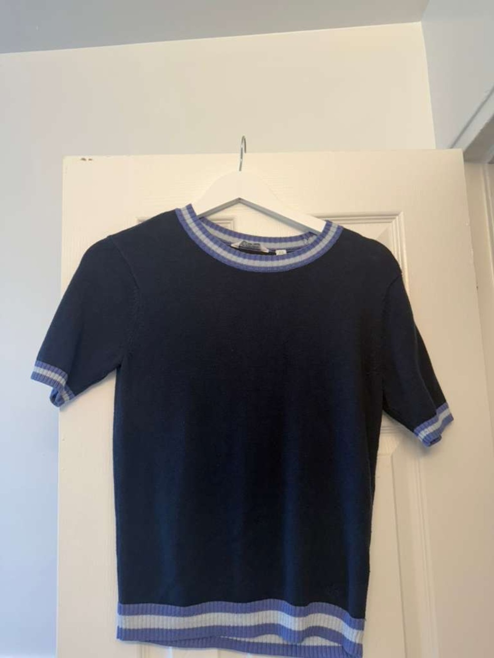 Lady Hagen Navy Knit Short Sleeve Top with Light Blue Trim y.